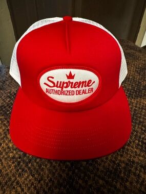 Supreme White and Red Authorized Mesh Back 5 Panel Trucker Hat